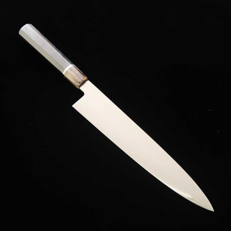 SUISIN Acier blanc, forge intégrale, Gyuto japonais, finition miroir, manche octogonal en ébène avec fil argenté (270 mm)