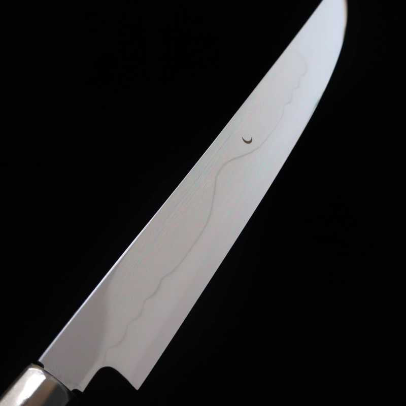 Kengata sujihiki SUISIN Shirogami Fuji Honyaki, acabado de espejo y mango de snakewood con tres anillos de plata (300mm)