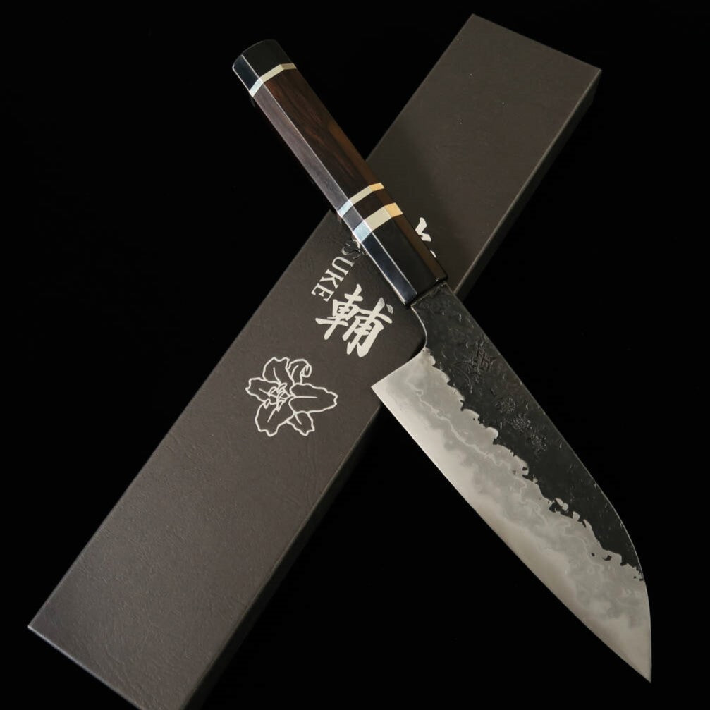 Kisuke KISUKE Enn forgeron Manaka Santoku Aogami No.1 finition brute martelée Damas Kasumi manche ébène avec bague argentée (160 mm)