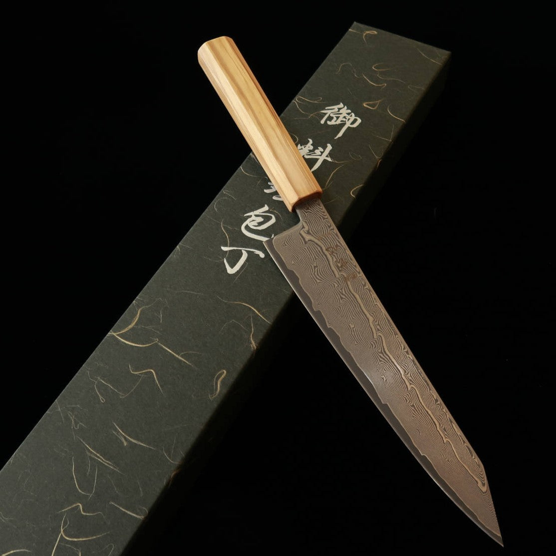 初心 HATSUKOKORO 切付牛刀 銀紙三号 ダマスカス オリーブ八角柄 (210mm)