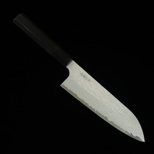 Nigara Hamono VG XEOS Santoku martelada Damasco com cabo de ébano (185mm)