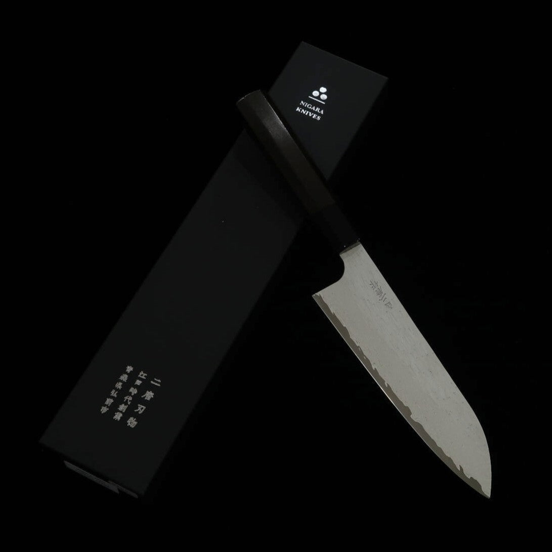 二唐刃物鍛造所NIGARA VG XEOS 槌目ダマスカス 三徳 黒檀柄 (185mm)