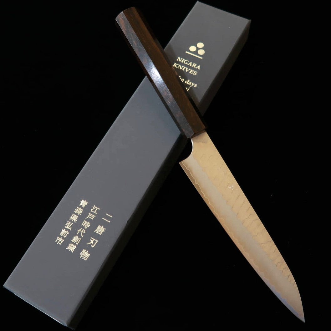 二唐刃物鍛錬所 NIGARA ペティ SG2 磨き 槌目 黒檀一体型柄 (150mm)