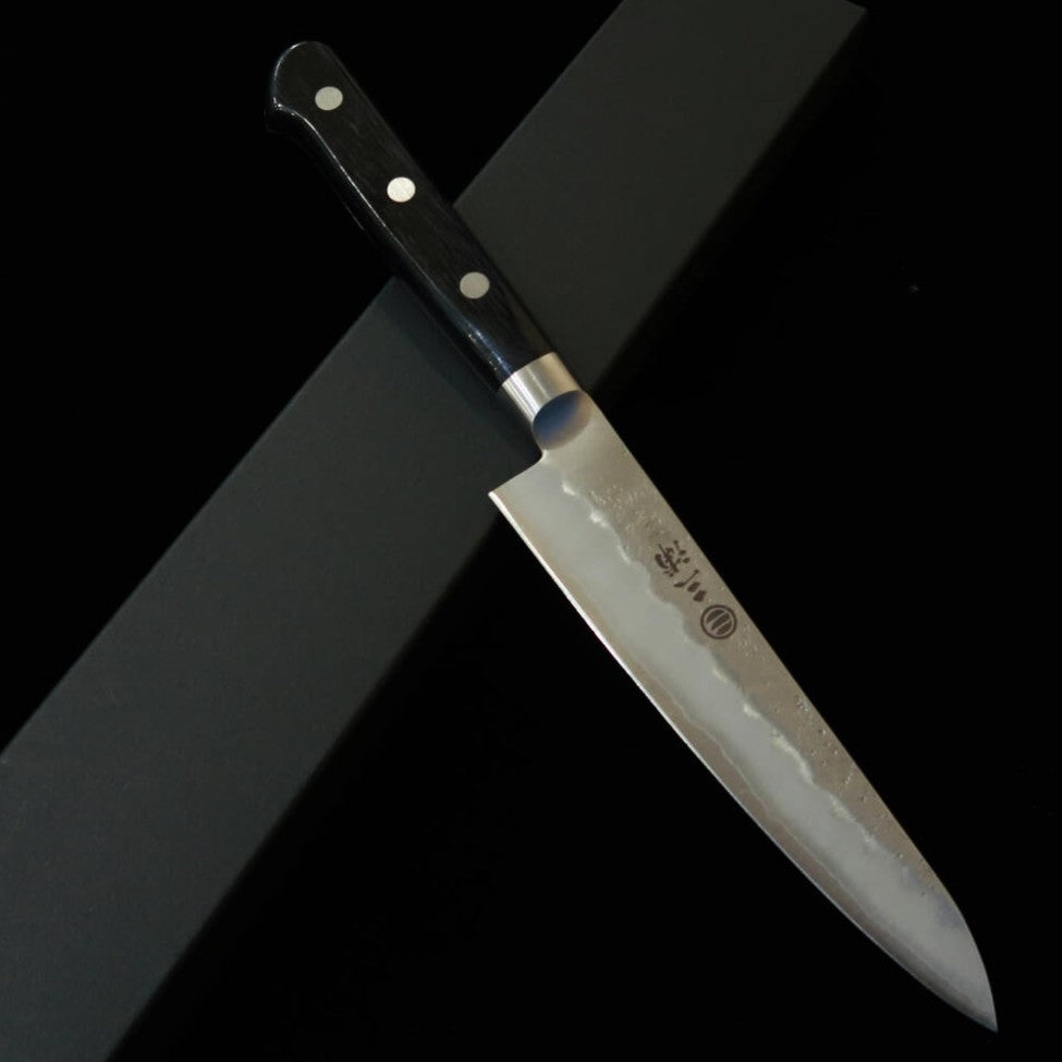MIURA Faca Petty Aço Gin San Acabamento Nashiji Cabo Preto com Tsuba (135mm)