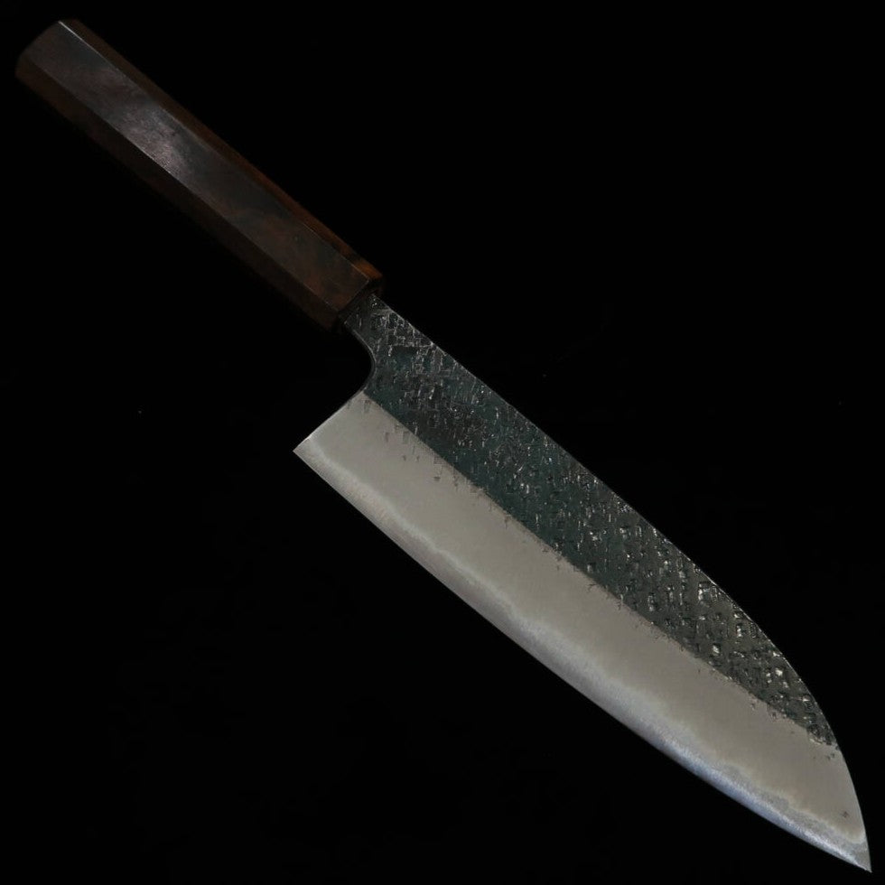 Tosa Muneishi TOSAMUNEISHI Santoku Acero Azul nº2, martillado, acabado negro, mango octogonal de ébano (165mm)