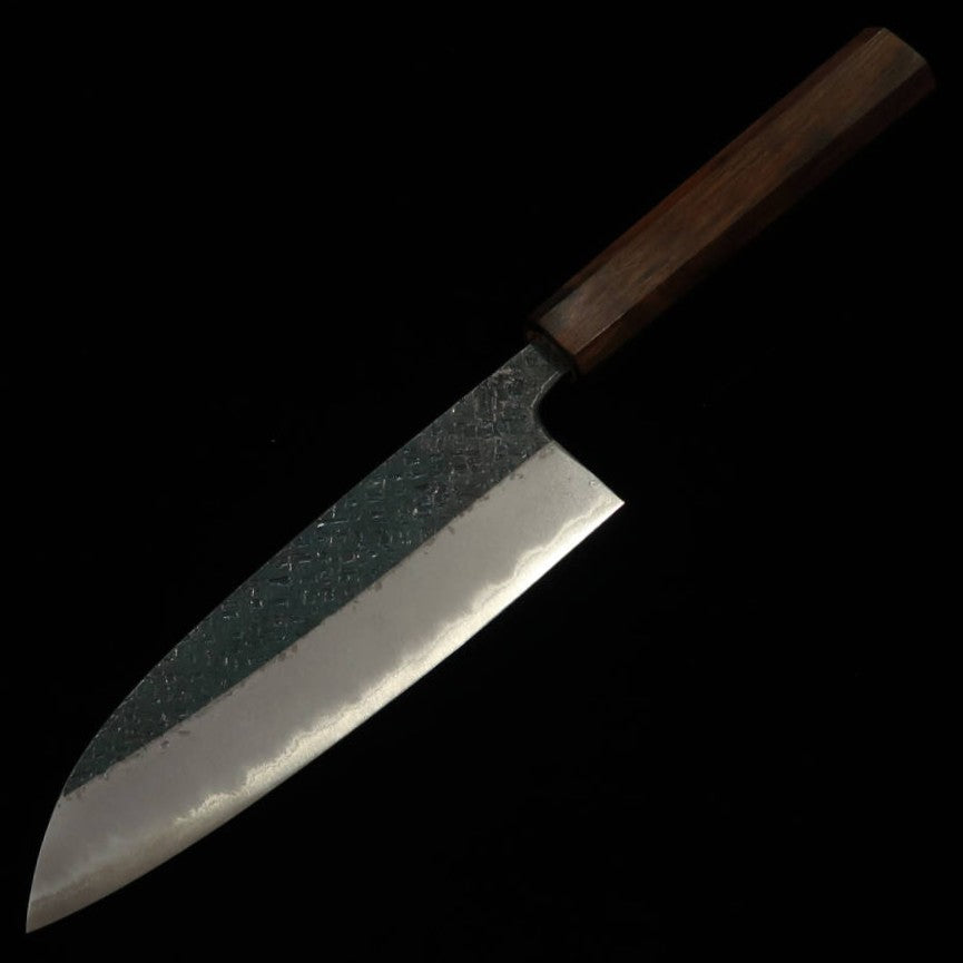 Tosa Muneishi TOSAMUNEISHI Santoku Acero Azul nº2, martillado, acabado negro, mango octogonal de ébano (165mm)
