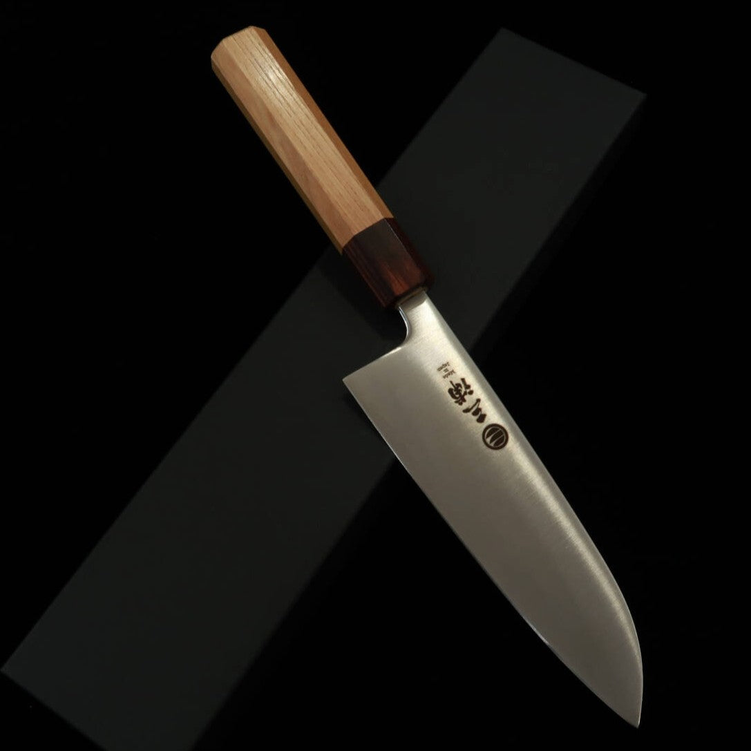 Santoku MIURA Aogami Super Pulido Mango octogonal de keyaki (165mm)