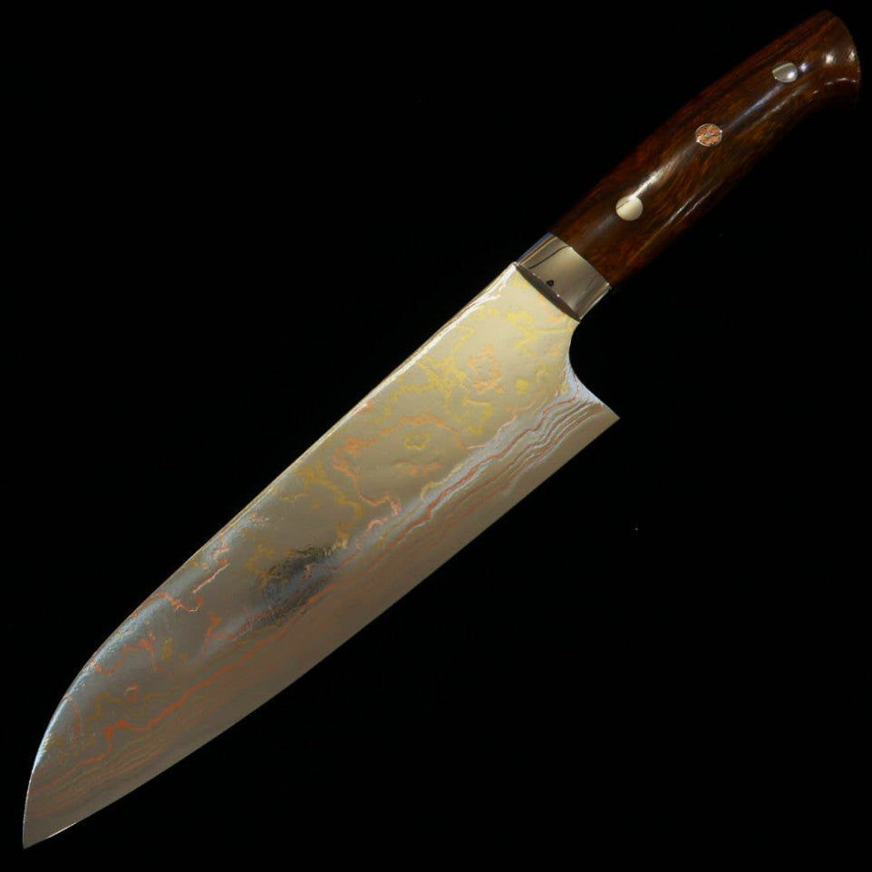 Takeshi Saji Aogami No. 2 Colored Damascus Santoku Ironwood Handle (180mm)
