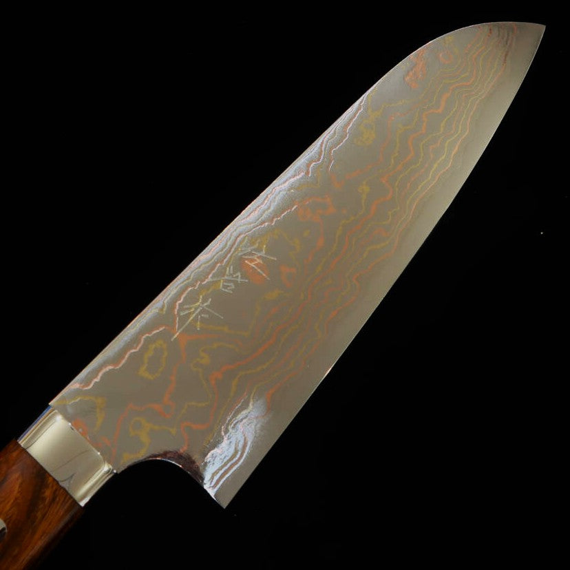 Takeshi Saji Aogami No. 2 Colored Damascus Santoku Ironwood Handle (180mm)