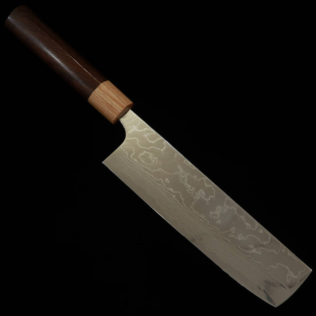 Yuta Katayama VG10 Damas poli couteau Nakiri, manche en bois de rose forme châtaigne (170 mm)