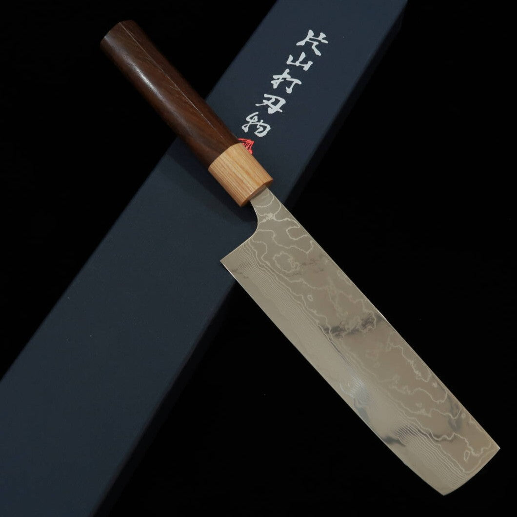 Yuta Katayama VG10 Damas poli couteau Nakiri, manche en bois de rose forme châtaigne (170 mm)