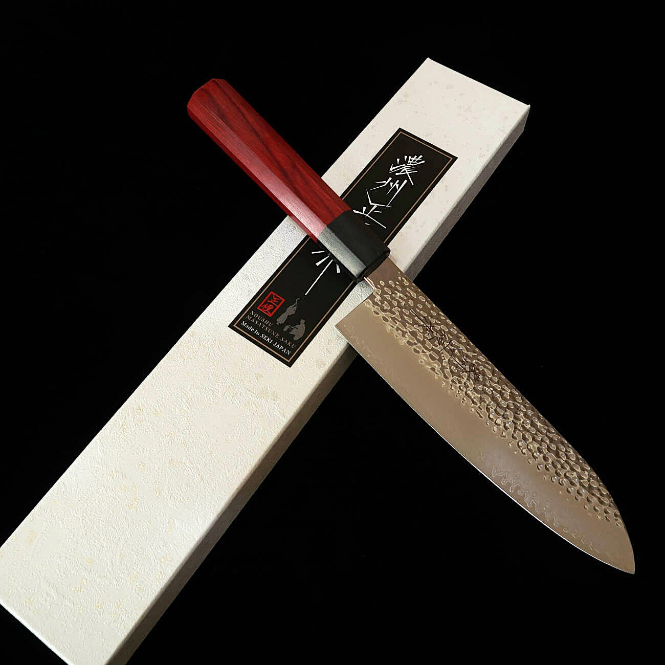 V.ROAD Nosyu Masamune Santoku, VG10 33-Layer Damascus Tsuchime, Red & Black Pakkawood Handle (180mm)