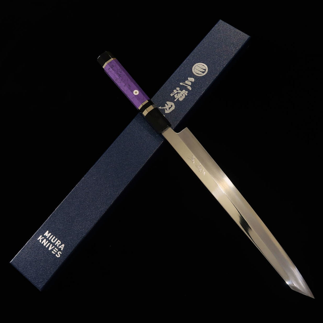 MIURA Obidama Kiritsuke Yanagiba Knife for Left Handed Ginsan Mirror Finish Custom Handle - Purple - (270/300mm)