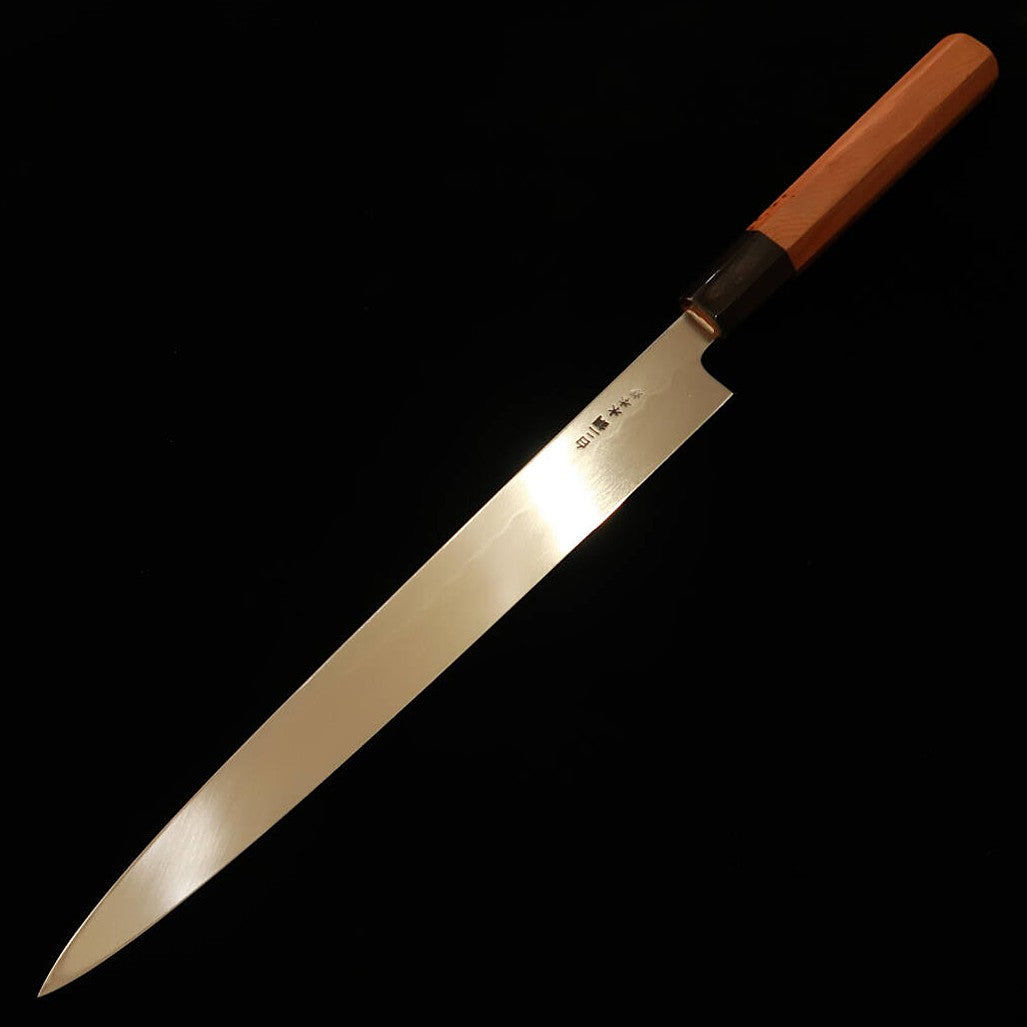 Yoshihiro Gousuemon Fuguhiki Mizuhonyaki Shirogami nº2, acabado espejo, mango octogonal de ichii, con funda de magnolia (270 mm)