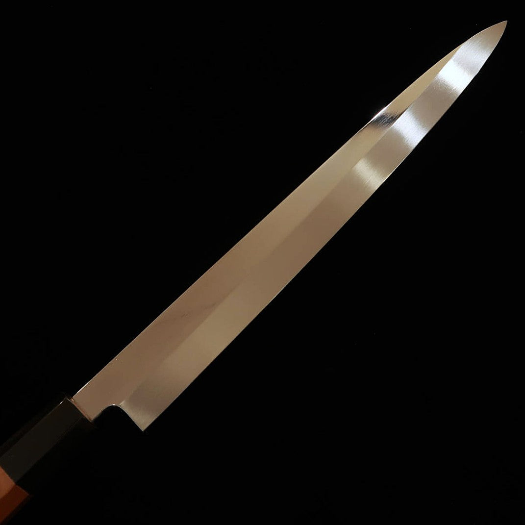 Yoshihiro Gousuemon Fuguhiki Mizuhonyaki Shirogami nº2, acabado espejo, mango octogonal de ichii, con funda de magnolia (270 mm)