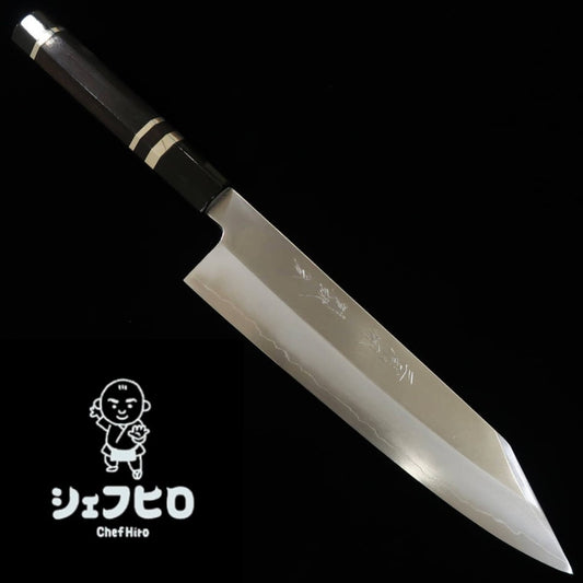 【Chef Hiro × Miura】Miura Kai, édition spéciale « Hiro », couteau Gyuto kiritsuke à large lame, acier Silver #3, finition brume, manche octogonal en ébène, collet en corne de buffle noire cerclé d’argent, 8 sun (240 mm)