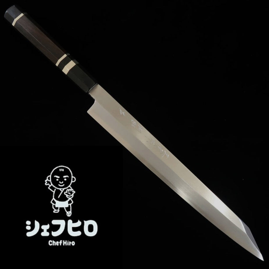 【シェフヒロ×三浦】三浦 佩 別誂「広」 銀紙三号 霞 水牛黒角口輪銀巻黒檀八角柄 勘所切付柳刃9寸(270mm)