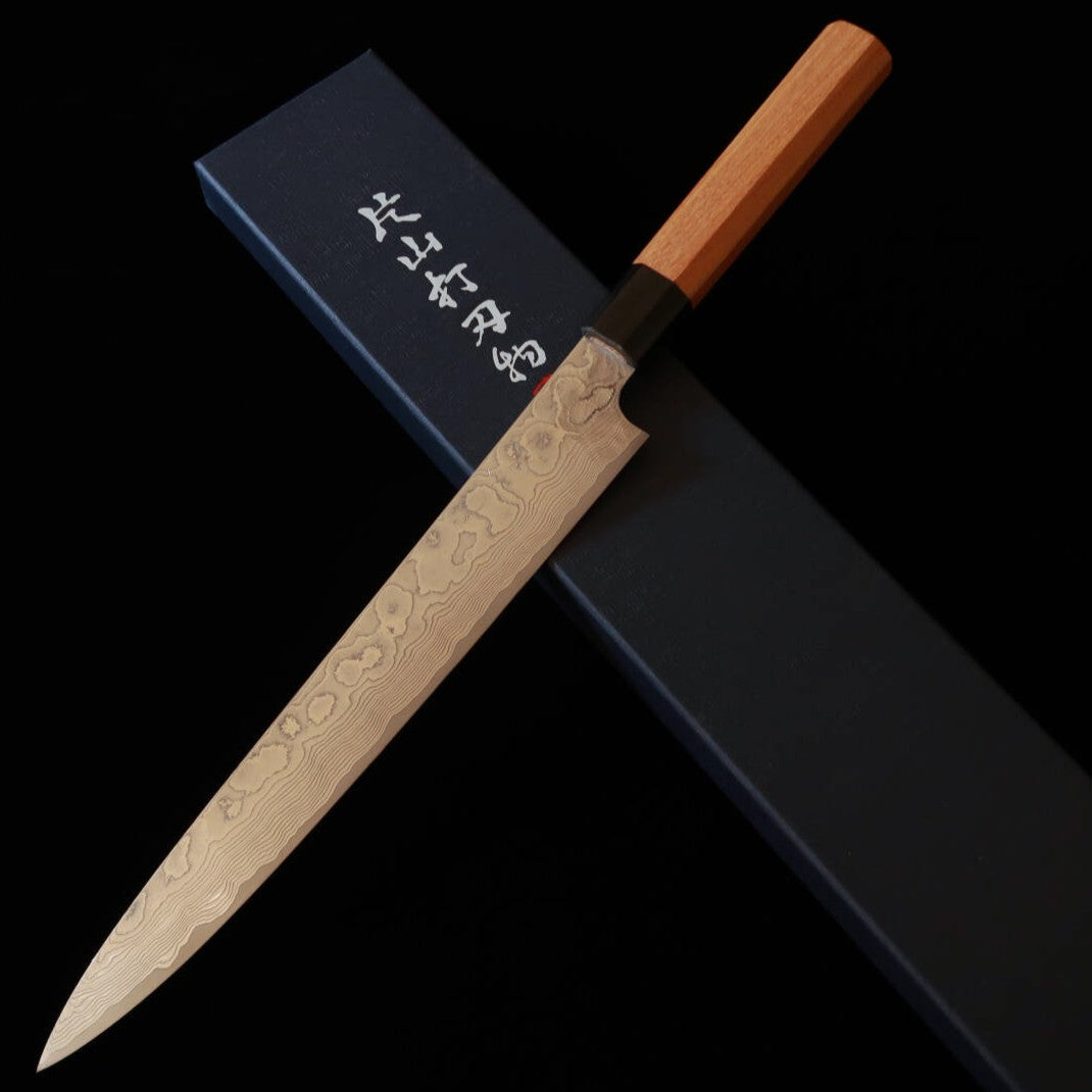 Yuta Katayama VG10 Damas nickel Finition patinée Sujihiki Manche octogonal en orme (240/270 mm)