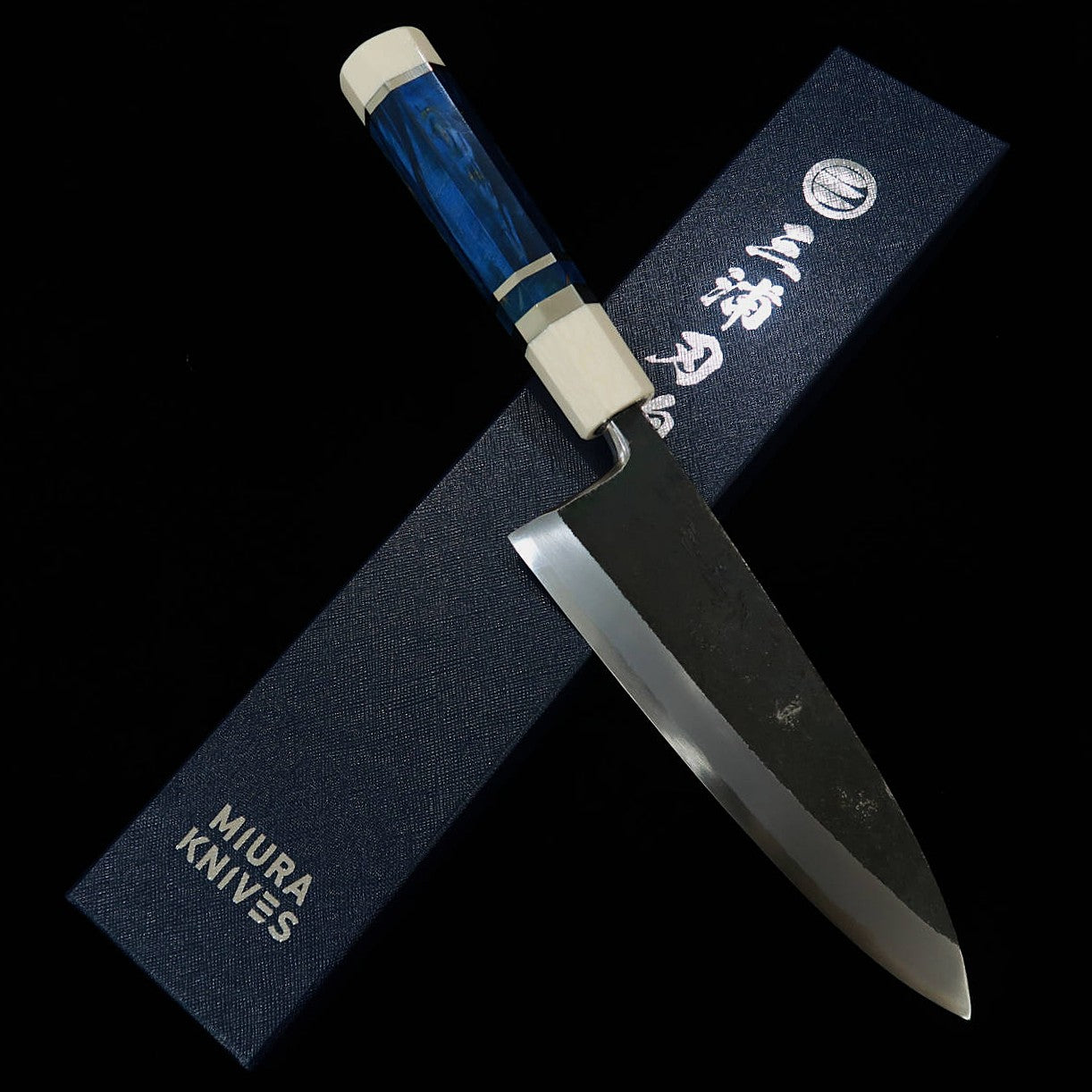 Miura Tadaki Deba Blade, Shirogami No. 2, Black Forged, Stabilized Wood Silver Handle (180mm)