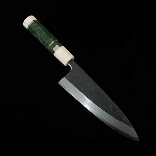 MIURA Itadaki Deba Aço Shirogami #2 Acabamento Kurouchi Cabo de Madeira Estabilizada com Anel de Prata (165mm)