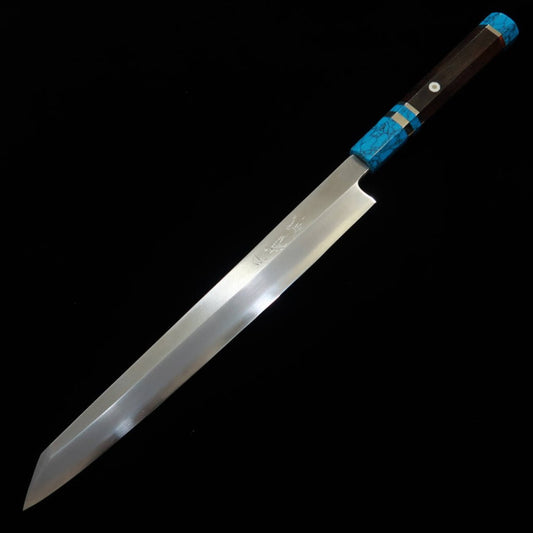 Miura佩MIURA Obidama Kirituke Yanagiba Para canhotos Gin San Nº3 Acabamento em madeira de amolar Cabo de turquesa (300mm)