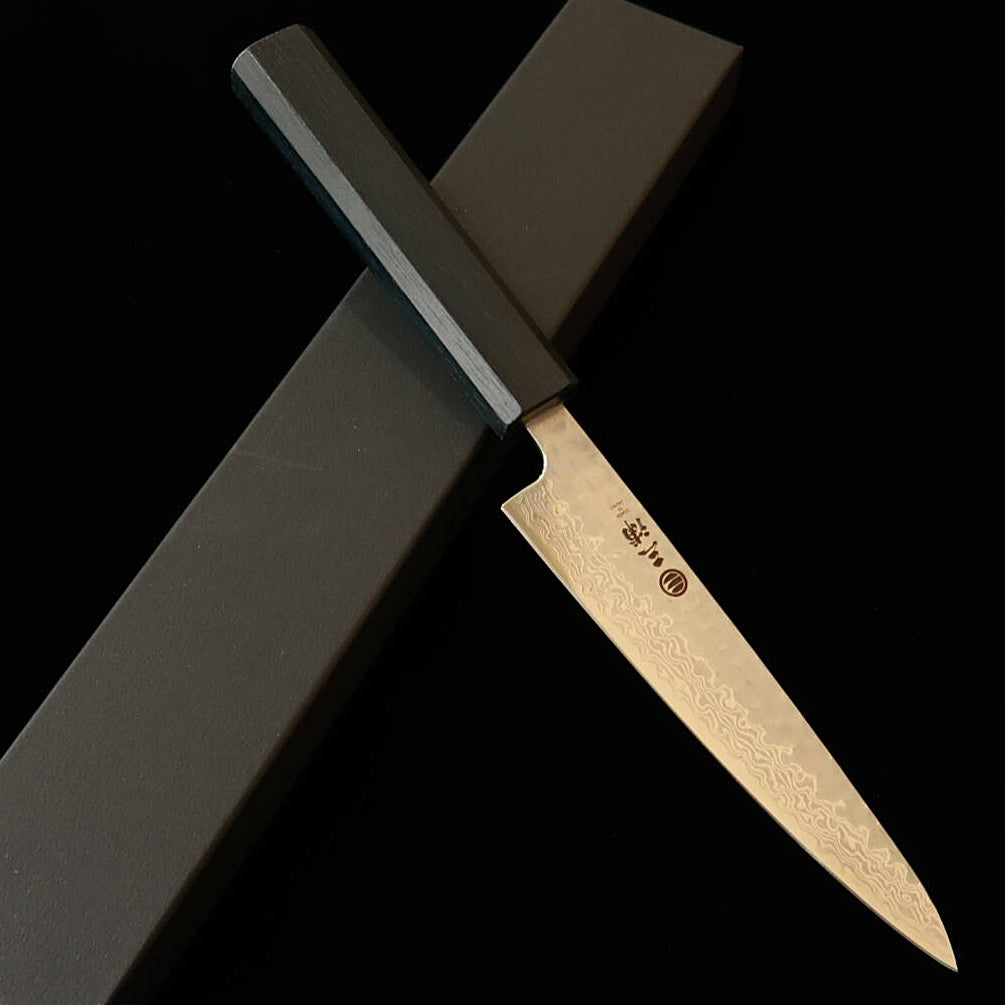 三浦 MIURA ペティ 銀紙三号 月白ダマスカス 藍八角柄 (135mm)