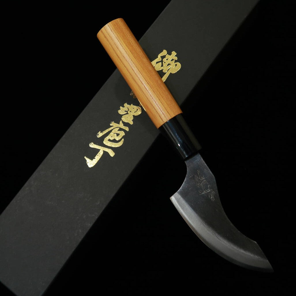 Cuchillo para desollar jabalí MIURA Aogami no.2, doble filo, mango de olmo (85mm)