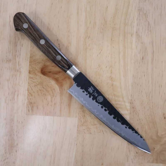 三浦 MIURA 青紙スーパー 鎚目黒打 ペティ 焦茶合板柄 (135/150mm)