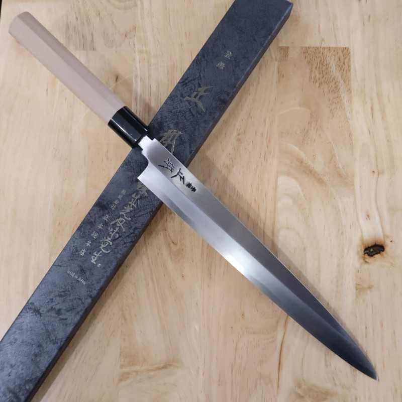 Masamoto Sohonten Kasumi Acier Blanc n°2 Yanagiba manche en corne de buffle forme châtaigne (240-300 mm)