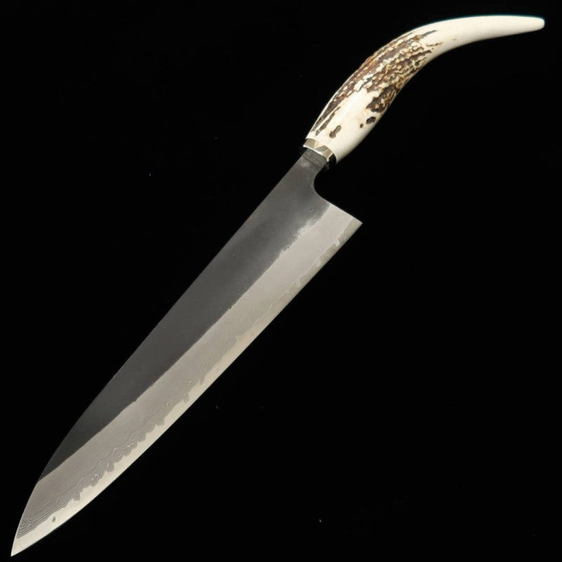 Gyuto HATSUKOKORO Shinkiro Aogami Super Damascus Black Cabo em chifre de cervo (240mm)