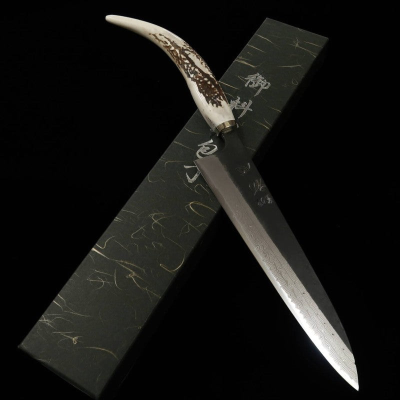Gyuto HATSUKOKORO Shinkiro Aogami Super Damascus Black Cabo em chifre de cervo (240mm)