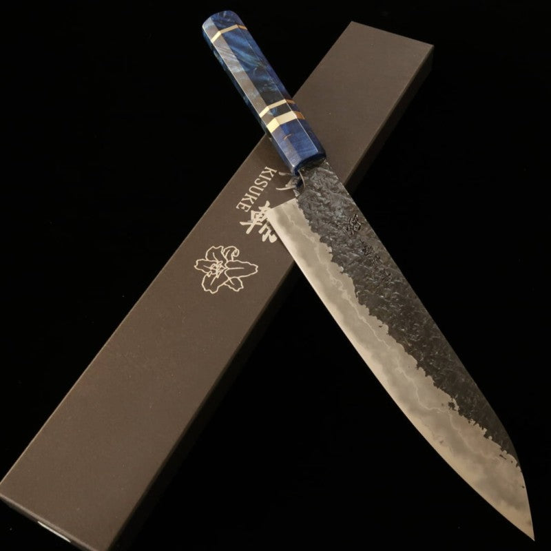 Kisuke【ENN】Forja Manaka Cuchillo Gyuto Acero Azul No.1 Acabado negro Martillado Damasco Honkasumi Pulido Madera estabilizada (240 mm)