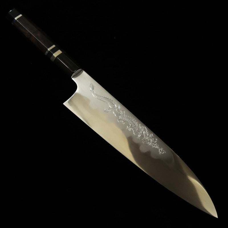 Gyuto MIZUNO Aogami No. 1 Honyaki DX cabo em ébano com desenho de dragão (240mm)