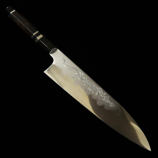 Gyuto MIZUNO Aogami No. 1 Honyaki DX cabo em ébano com desenho de dragão (240mm)
