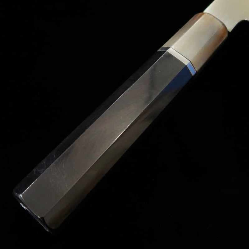 Suisin SUISIN Mizuhonyaki Miwa Ikeda Acier Blanc n°1, manche ébène et argent, double miroir, polissage du talon, fourreau laqué, pochette nishiki, boîte en paulownia, Wagyu-to (240 mm)