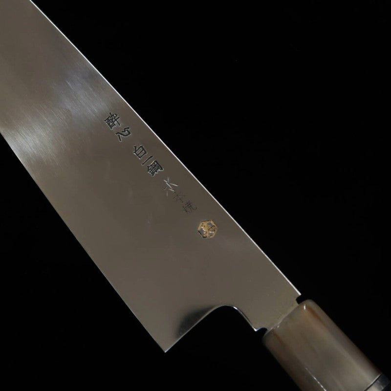 Suisin SUISIN Mizuhonyaki Miwa Ikeda Acier Blanc n°1, manche ébène et argent, double miroir, polissage du talon, fourreau laqué, pochette nishiki, boîte en paulownia, Wagyu-to (240 mm)