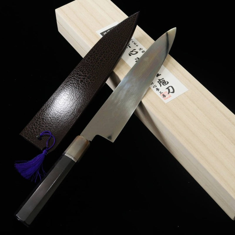 Suisin SUISIN Mizuhonyaki Miwa Ikeda Acier Blanc n°1, manche ébène et argent, double miroir, polissage du talon, fourreau laqué, pochette nishiki, boîte en paulownia, Wagyu-to (240 mm)