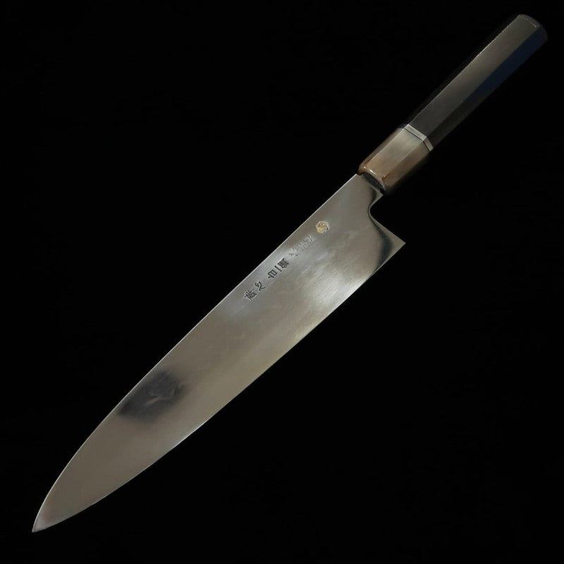 Suisin SUISIN Mizuhonyaki Miwa Ikeda Acier Blanc n°1, manche ébène et argent, double miroir, polissage du talon, fourreau laqué, pochette nishiki, boîte en paulownia, Wagyu-to (240 mm)