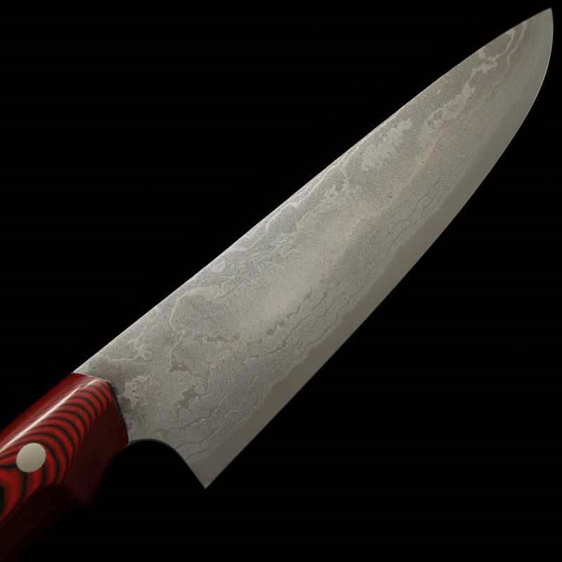 Gyuto Kazuo Nomura Shirogami No. 2 Suminagashi com cabo Micarta vermelho (180/210mm)