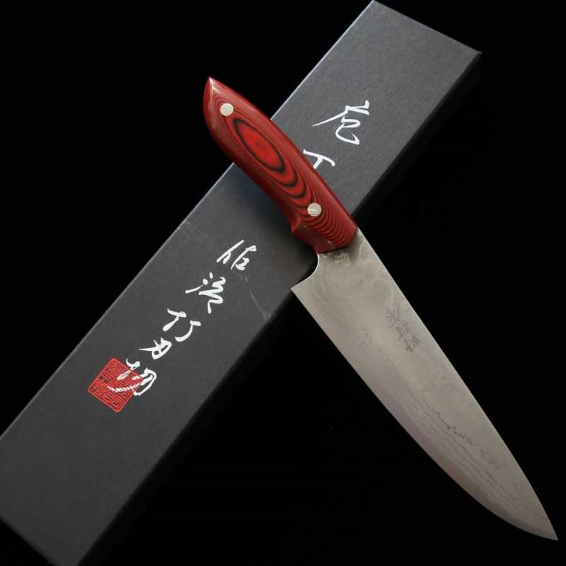 Gyuto Kazuo Nomura Shirogami No. 2 Suminagashi com cabo Micarta vermelho (180/210mm)