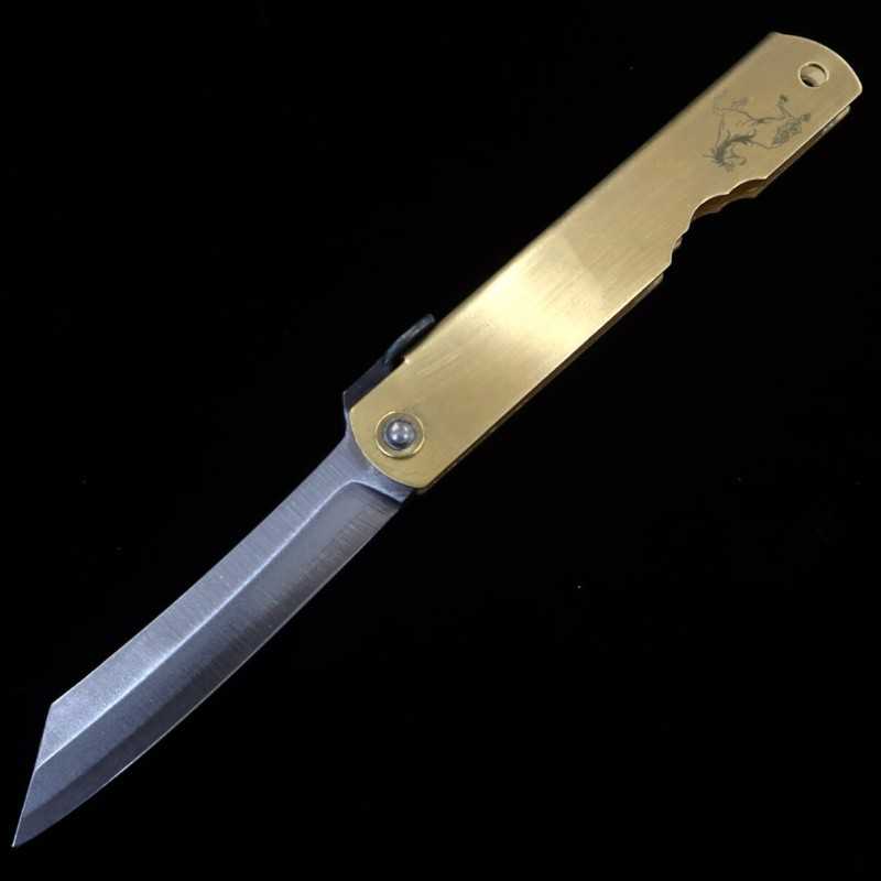 Japanese folding knife HIGONOKAMI Blue steel Brass Handle Zodiac Series - Horse - (73mm)