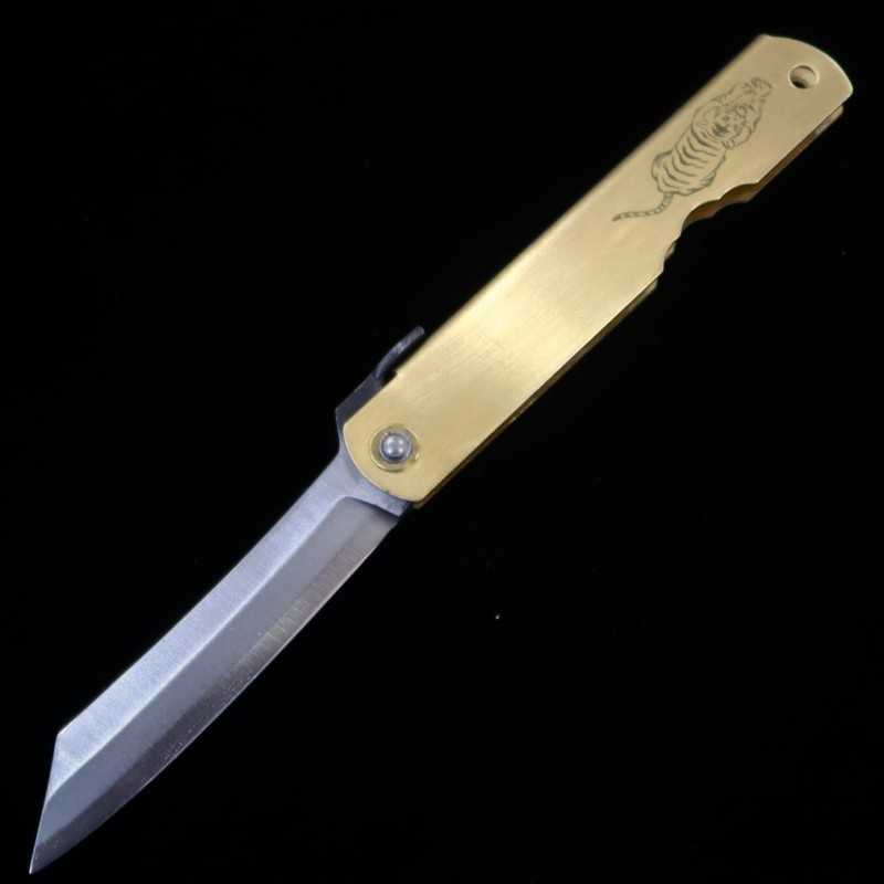 Kanekoma Higonokami aço azul com revestimento em latão, série do zodíaco - Tigre - (72mm)