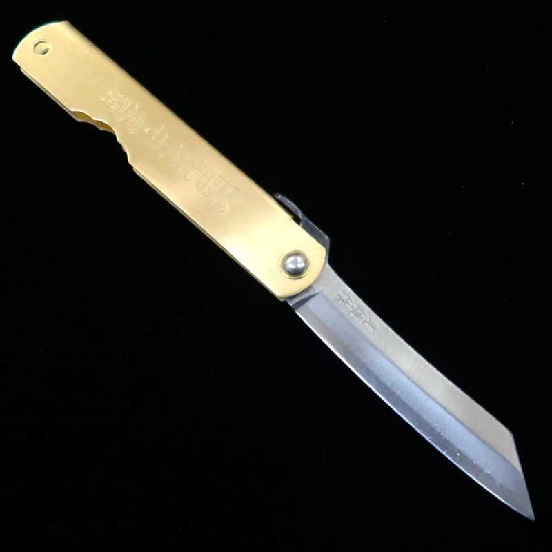 Japanese folding knife HIGONOKAMI Blue steel Warikomi Brass Handle Zodiac Series - Pig - (73mm)