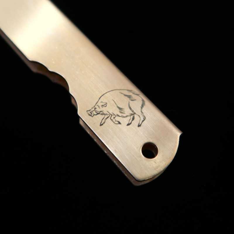 Japanese folding knife HIGONOKAMI Blue steel Warikomi Brass Handle Zodiac Series - Pig - (73mm)