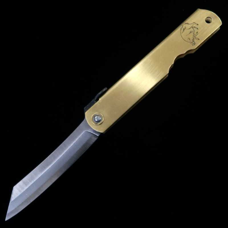 Japanese folding knife HIGONOKAMI Blue steel Warikomi Brass Handle Zodiac Series - Pig - (73mm)