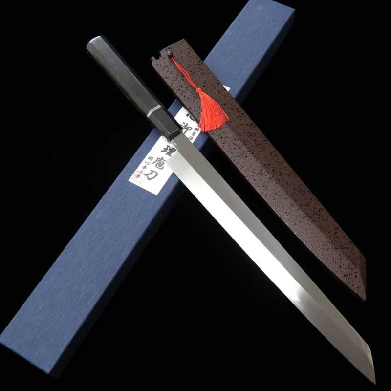 酔心 SUISIN 富樫憲治作 白紙二号 水本焼 剣型柳刃 平鏡面仕上げ 黒檀銀線八角柄 (300mm)