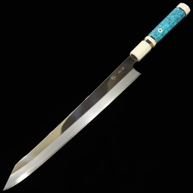 TADOKORO HAMONO Makotosaku miroir Aogami n°2 Kiritsuke Slicer manche custom turquoise (300 mm)
