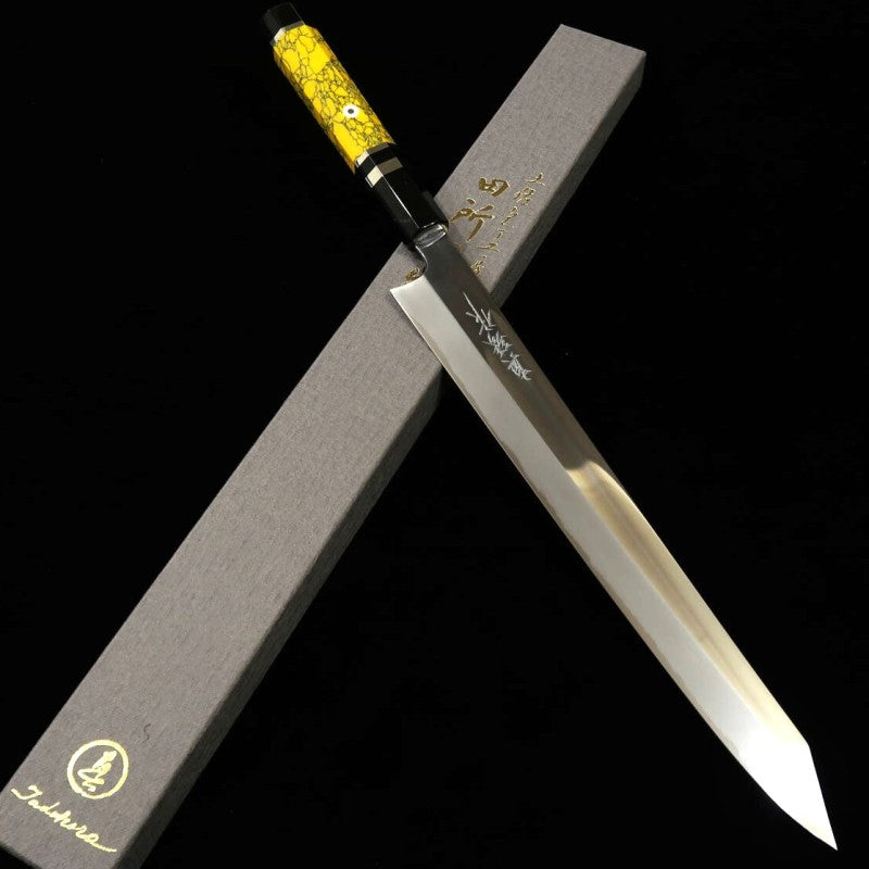 Kiritsuke Sujihiki TADOKORO Aogami nº 2 acabamento espelhado cabo personalizado (300mm)