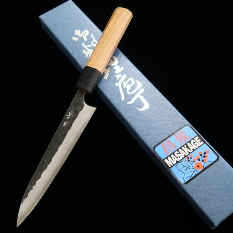 昌景 MASAKAGE 小石 - ペティ 青紙スーパー 鎚目 黒打ち 朴八角柄 (150mm)