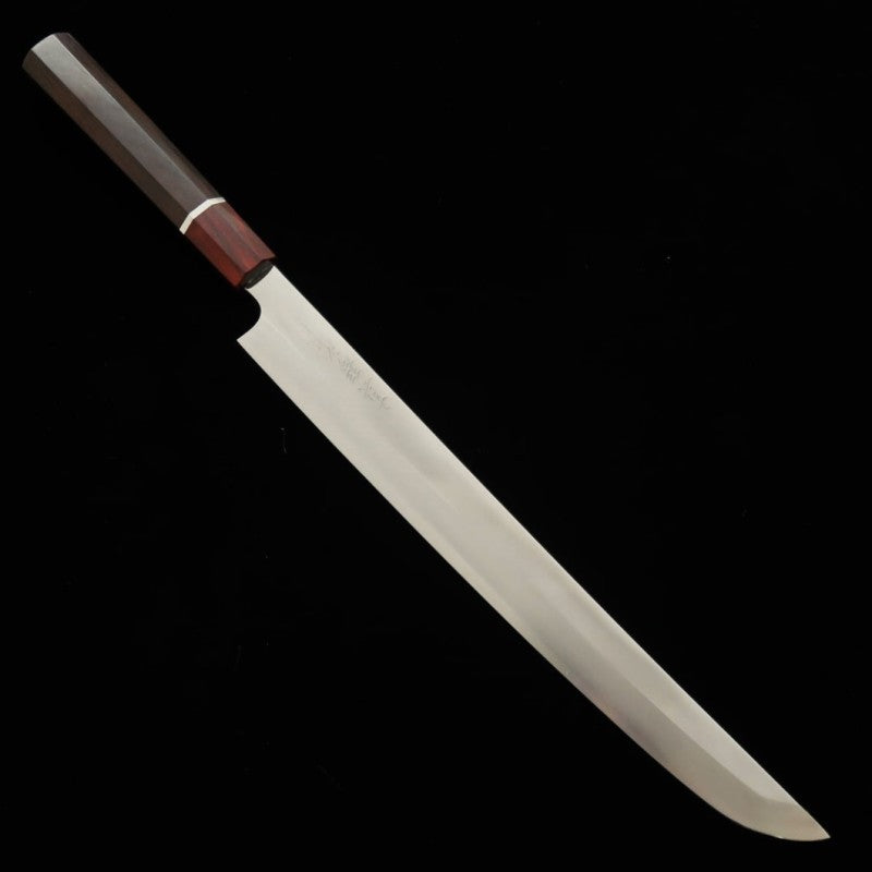 TADOKORO HAMONO Sakimaru Takohiki Makoto Ginsan Mirror Finish Ebony Handle and Red Ferrule (300mm)